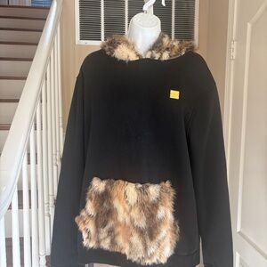Hudson Outerwear Black Sweatshirt Hoodie Faux Fur Trim & Pocket Size XL